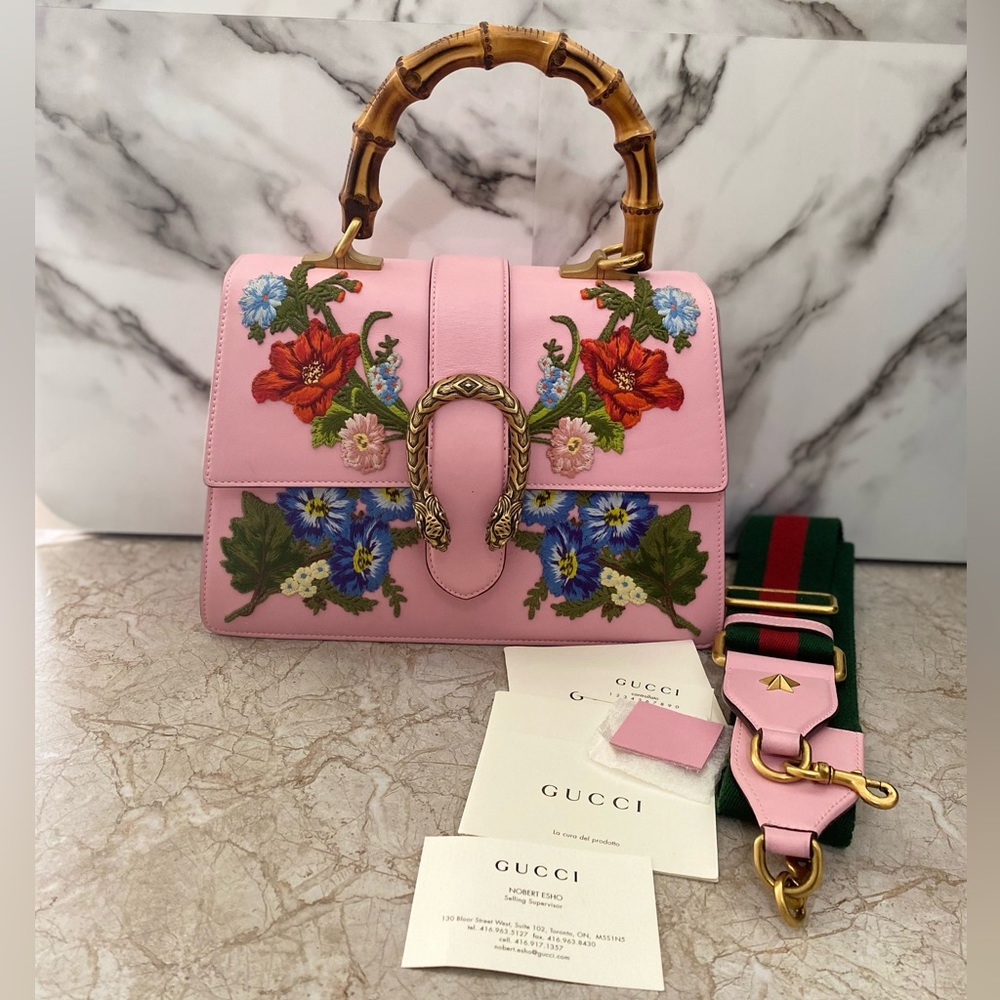 Gucci Pink Embroidered Leather Medium Dionysus Bamboo Top Handle Bag